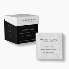 VH SKINCARE VH METHOD PEEL packaging closeup showing convenient wipe format for all skin types