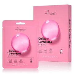 VIABEAUTY collagen mask ceramides packaging showcases convenient individual sachets for on-the-go skincare