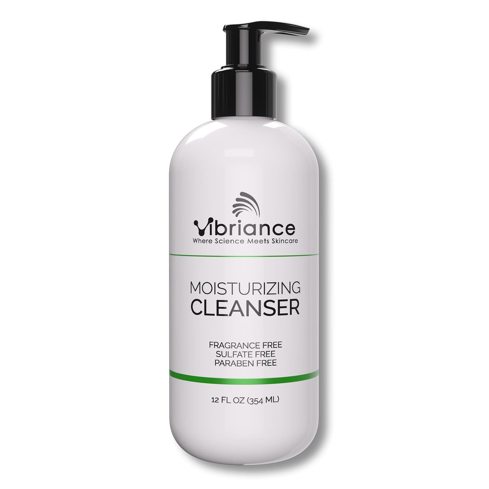 Vibriance Moisturizing Cleanser bottle pouring oil-to-foam texture for gentle cleansing