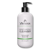 Vibriance Moisturizing Cleanser bottle pouring oil-to-foam texture for gentle cleansing