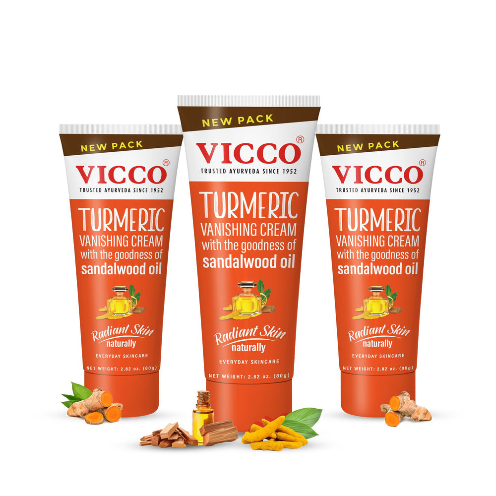 Vicco Turmeric Face Moisturizer sandalwood oil bottle highlights natural hydration.