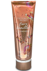 Victoria's Secret Bare Vanilla Candied fragrance lotion bottle for silky skin and lingering scent.