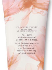 Victoria's Secret Coconut Milk & Rose lotion label close-up showing fragrance notes.