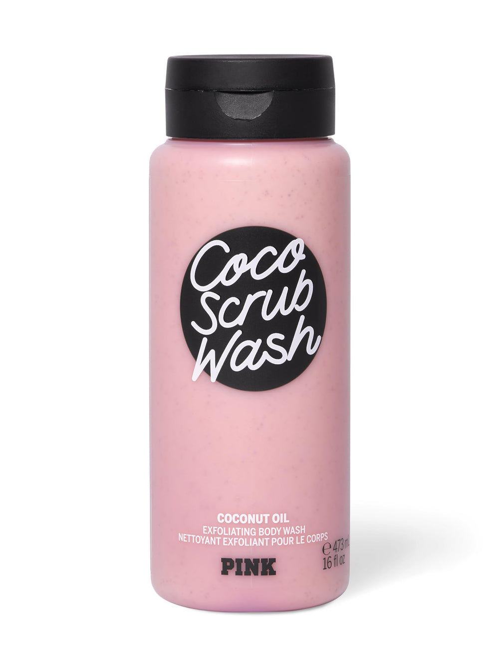 Victoria's Secret Pink Coco Scrub Wash bottle closeup with creamy lather and coconut scent.