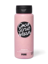 Victoria's Secret Pink Coco Scrub Wash bottle closeup with creamy lather and coconut scent.