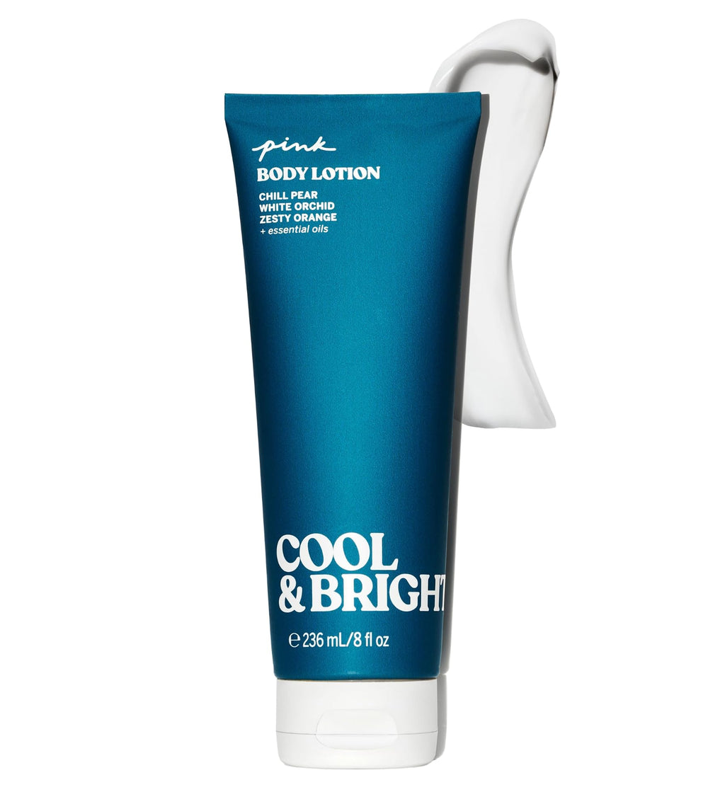 Victoria's Secret Pink Cool and Bright fragrance lotion bottle pour highlights refreshing application