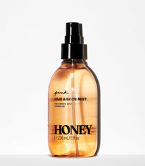 Victoria's Secret Honey Hair & Body Mist spray for even, feather-light application.