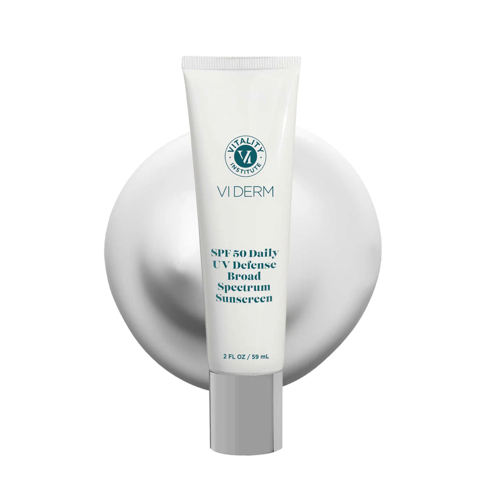 VI Derm SPF 50 daily-uv-defense bottle shown for face and body sun protection.