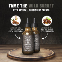 Close-up of applying Viking Revolution beard oil for smooth, manageable beard.