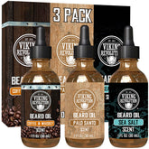 Viking Revolution beard oil Coffee & Whiskey three-pack on display, softening beard for daily confidence