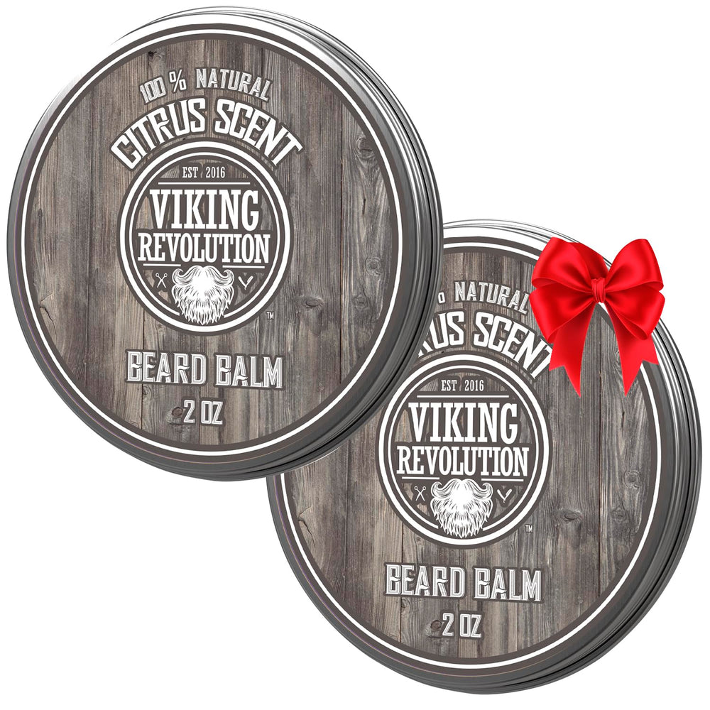 Viking Revolution Citrus Beard Balm jar displayed, citrus scent conditions for a softer beard