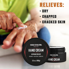 Viking Revolution hand cream being applied to rough worker hands.
