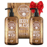 Viking Revolution cedar pine body wash bottle with pump for quick, convenient showers.
