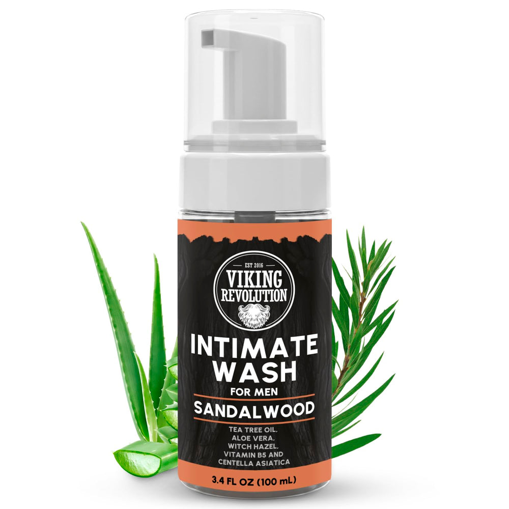 Viking Revolution mens intimate wash bottle-foam showing rich cleansing lather.