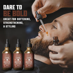 Viking Revolution sandalwood beard oil 3-pack label closeup highlighting argan and jojoba benefits