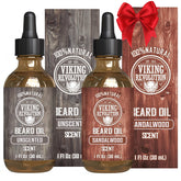 Viking Revolution sandalwood beard oil bottle pour showing a conditioning glide for softer beards.