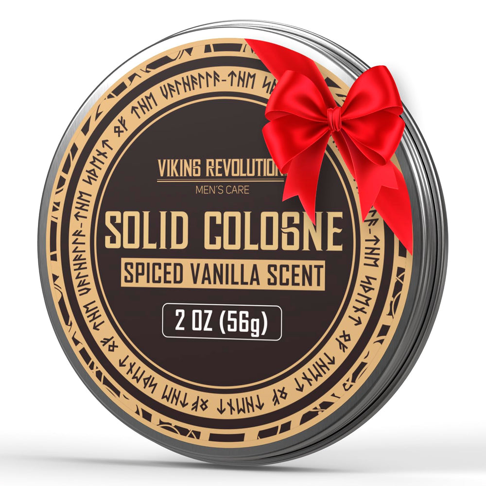 Viking Revolution spiced vanilla solid cologne bar for quick, mess-free application.