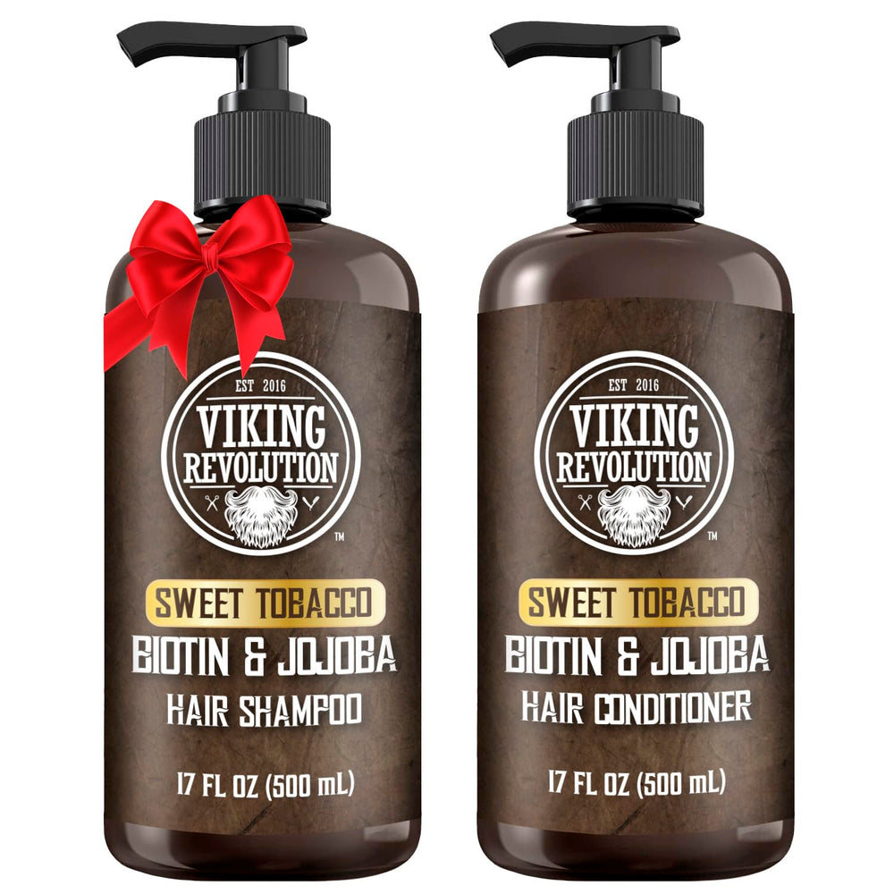 Viking Revolution Sweet Tobacco shampoo bottle highlights moisturizing formula for refreshed hair.