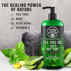 Viking Revolution Tea Tree Body Wash bottle with refreshing cleansing benefits.