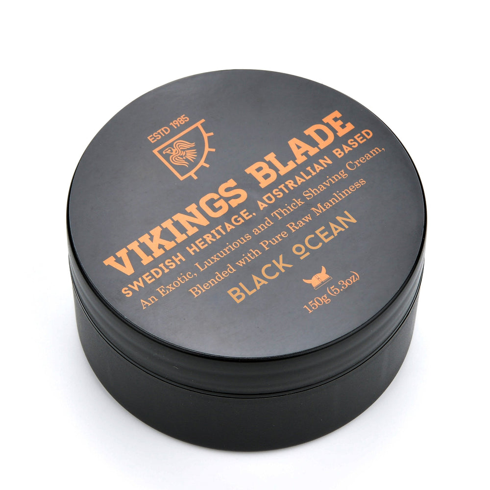 Vikings Blade Luxury Shaving Cream bottle with Black Ocean scent for a refreshing shave.