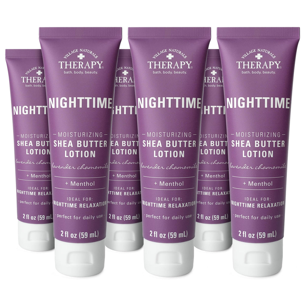 Village Naturals Therapy Nighttime Lotion bottle with lavender chamomile for relaxation and skin nourishment.
