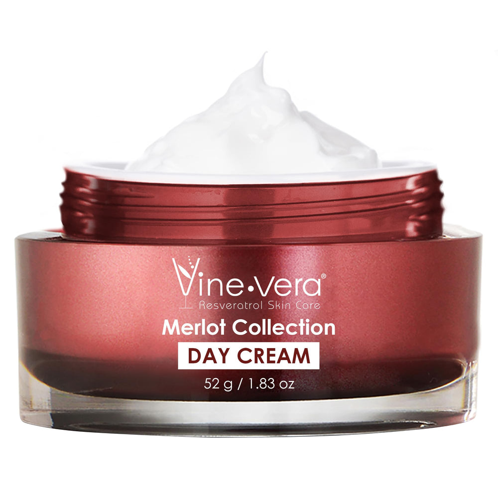 Vine Vera Merlot Day Cream bottle delivering lightweight hydration for daily use