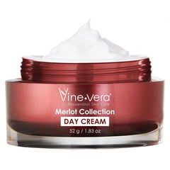 Vine Vera Merlot Day Cream bottle delivering lightweight hydration for daily use