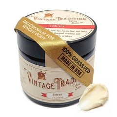 Vintage Tradition Beef Tallow Balm jar close-up shows creamy texture for deep hydration