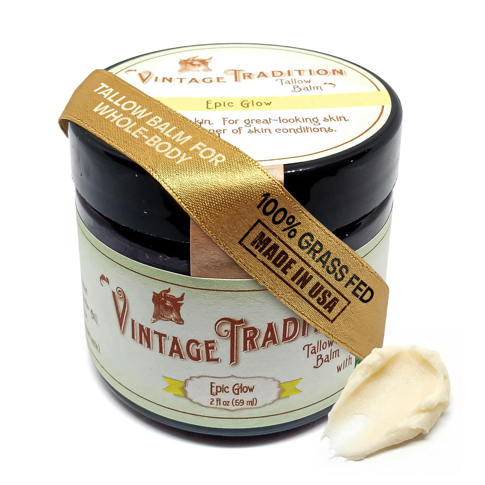 Vintage Tradition Epic Glow balm jar provides premium hydration for dry skin.
