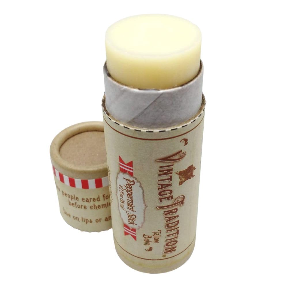 Vintage Tradition lip balm application on lips with peppermint freshness