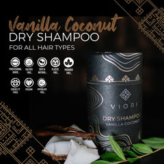 Viori Dry Shampoo Powder Vanilla Coconut closeup texture highlights fast absorption.
