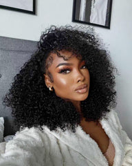 Virginess kinky curly half wig 16in with drawstring cap for secure comfort.