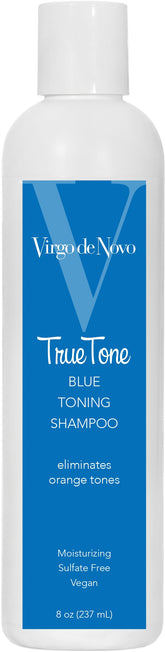 Virgo de Novo Blue Toning Shampoo bottle front neutralizes brass for cooler tones.