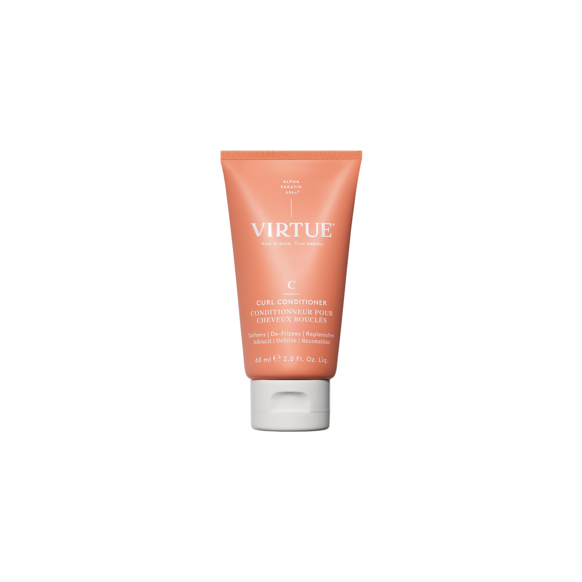 VIRTUE Curl Conditioner bottle close-up shows jojoba oil for hydrated curls