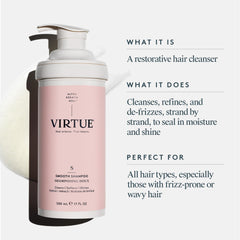 Virtue Smooth Shampoo rich lather close-up highlighting color-safe formula.