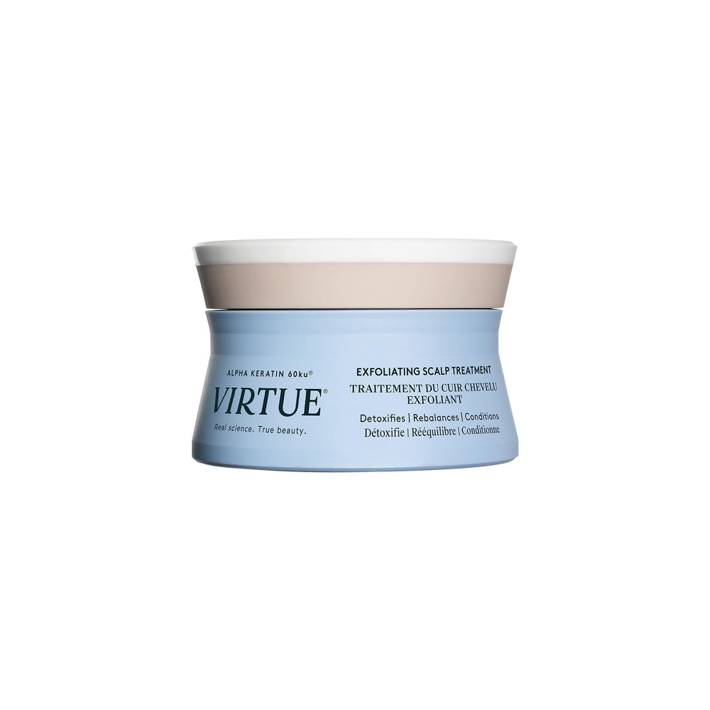 VIRTUE sulfate-free scalp scrub bottle highlights exfoliation for a healthier scalp.