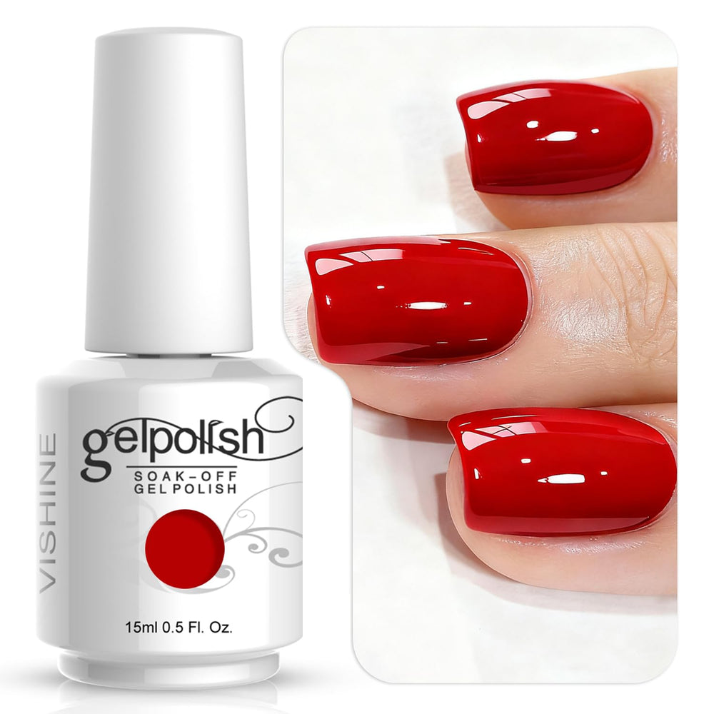 Vishine Gelpolish red bottle closeup showing vibrant color for salon use.