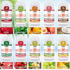VISRIE SPF 30 lip balm tube back shows ingredients and broad spectrum protection.