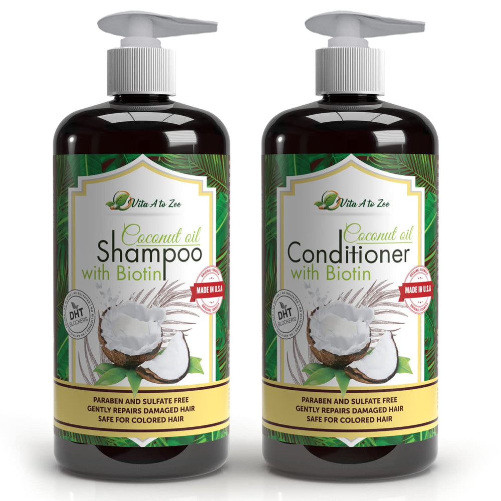 Vita A to Zee coconut oil shampoo bottle delivers a hydrating cleanse for soft, manageable hair.