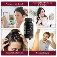 Vita Hair packaging display illustrating product benefits and usage at a glance.