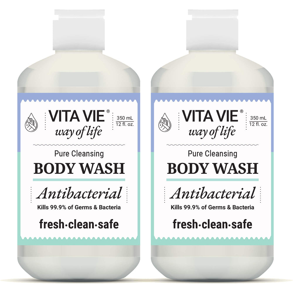 Vita Vie Lemon Body Wash bottle pour for a quick, refreshing cleanse.
