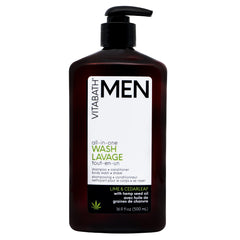 Vitabath Men Lime & Cedarleaf bottle showcases fresh citrus scent and all-in-one convenience.