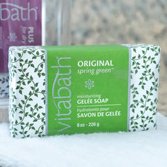 Closeup of Vitabath gelee bar shows smooth texture for gentle care.