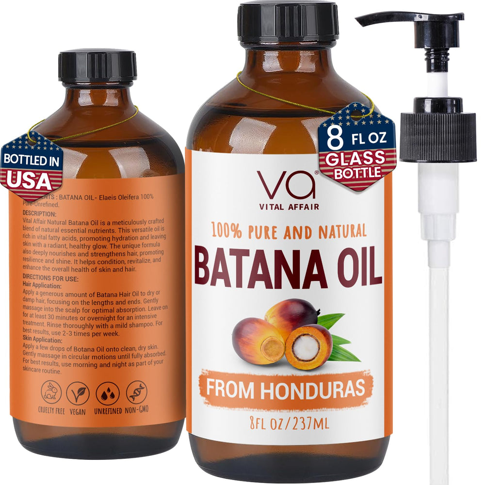 VITAL AFFAIR Batana Oil bottle closeup showing pure unrefined formula for nourished hair.