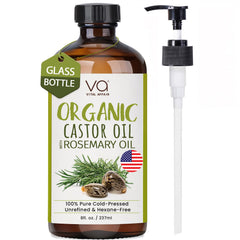 VITAL AFFAIR castor oil with rosemary in a glass bottle for pure scalp nourishment.