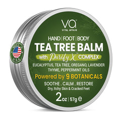 Vital Affair Tea Tree Oil Balm in a 2oz tin soothes dry skin.