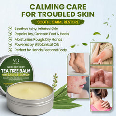 Vital Affair Tea Tree Oil Balm on feet softens rough skin and nourishes heels.