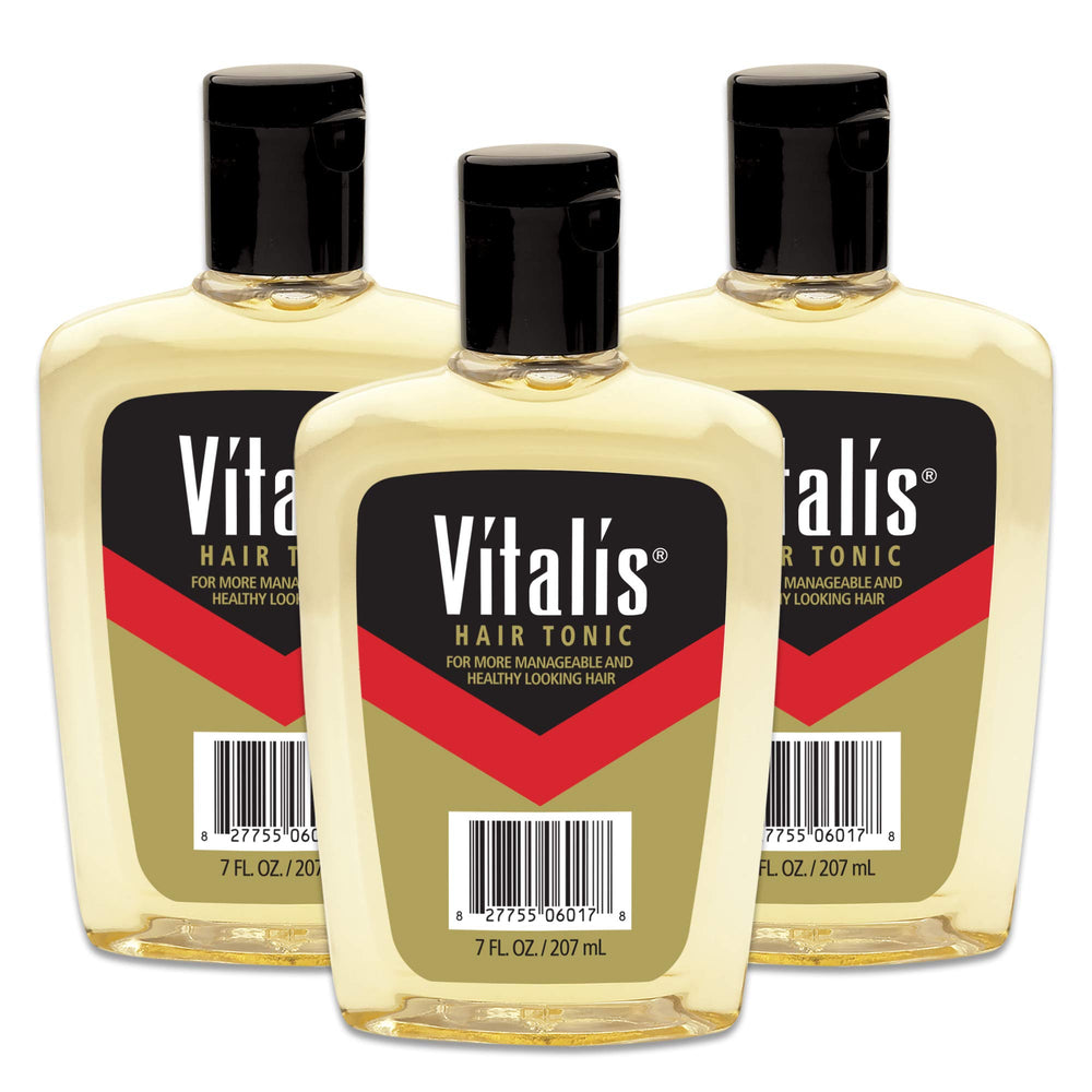 Vitalis Hair Tonic bottle front view, travel-ready design for on-the-go grooming.