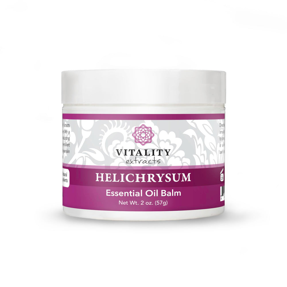 Vitality Helichrysum Balm 2oz jar with a rich texture for deep hydration.