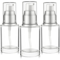 VitalUp clear glass lotion pump bottle 30ml, 3-pack, ideal for travel and organized skincare.